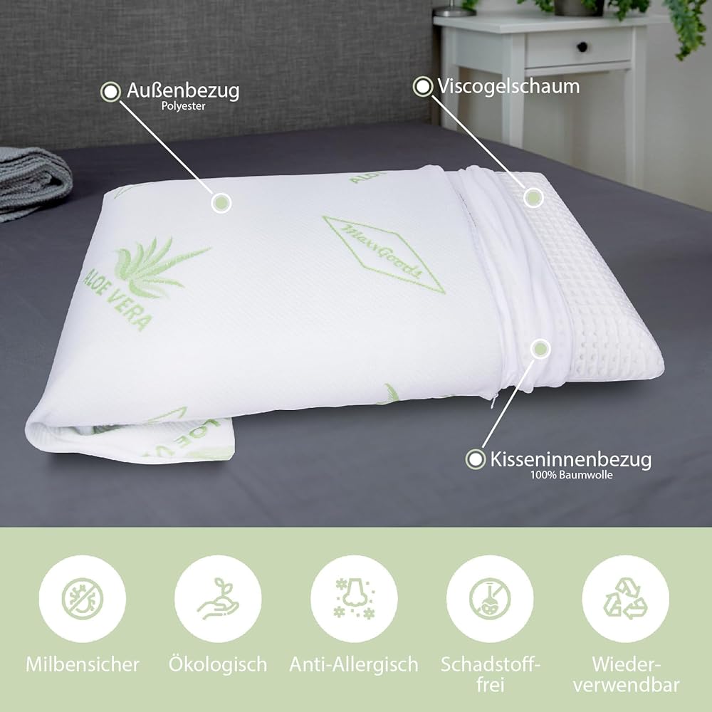MaxxGoods Oreiller orthopédique, Coussin de Soutien Cervical en Mousse Visco-Gel avec Housse de Protection Aloe Vera &amp; Housse intérieure en 100% Coton (42cm x 70cm x 15cm) : Cuisine et Maison