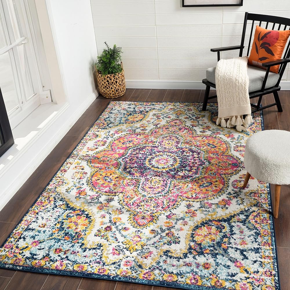 Livabliss Rabat Tapis Vintage - Tapis de Salon, Salle à Manger, Chambre, Cuisine - Boheme Chic, Design Traditionnel Oriental Multicolore, Coloré Poil Court 120x170 cm - Rose, Orange : Cuisine et Maison