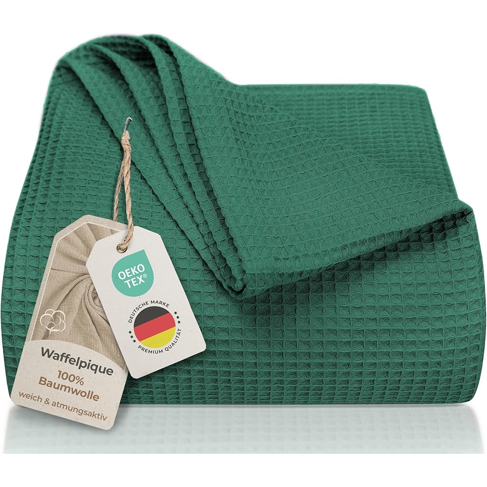 LAYNENBURG Couvre-lit 220 x 240 cm XXL - Piqué gaufré 100% Coton - Couverture légère pour l'été - Couverture en Coton pour Le lit, Le canapé - Couverture aérée pour Le canapé (Vert foncé) : Cuisine et Maison