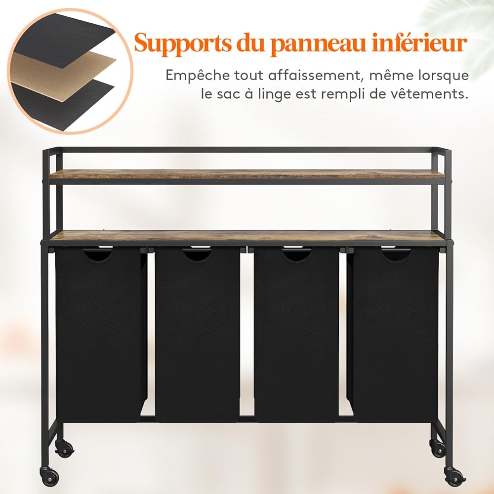 Lifewit Panier a Linge 4 Compartiments Roulettes 168L, Meuble Linge Sale avec Grande Étagère Supérieure et 4 Sac à Linge en Tissu Oxford, Bac à Linge pour Buanderie, Chambres, Salles de Bains, Noir : Cuisine et Maison