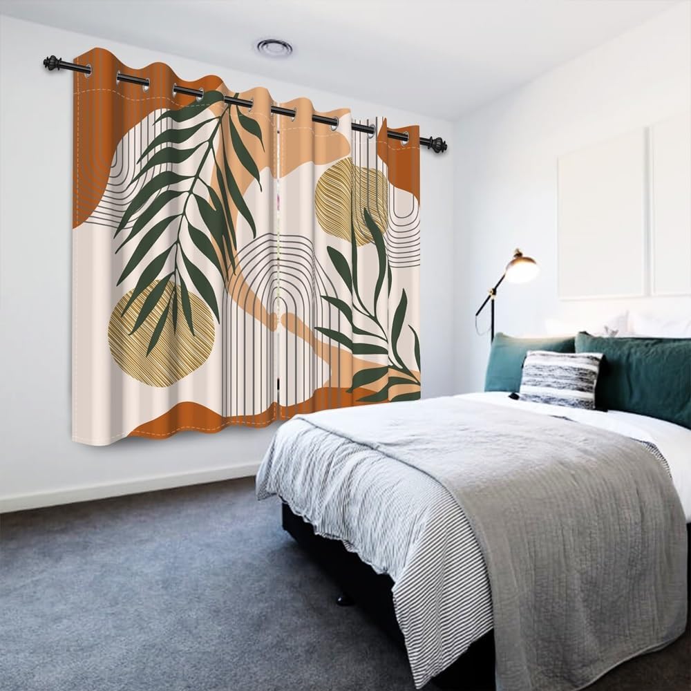 Uiiooazy Rideaux Occultant Abstrait, Rideaux Occultant Boho Terracotta Feuilles Vert Rideaux Thermiques Isolant Anti Froid et Chaleur Rideaux À Oeillets pour Chambre Cuisine Fenêtre, 2 PCS, 140x200cm : Cuisine et Maison