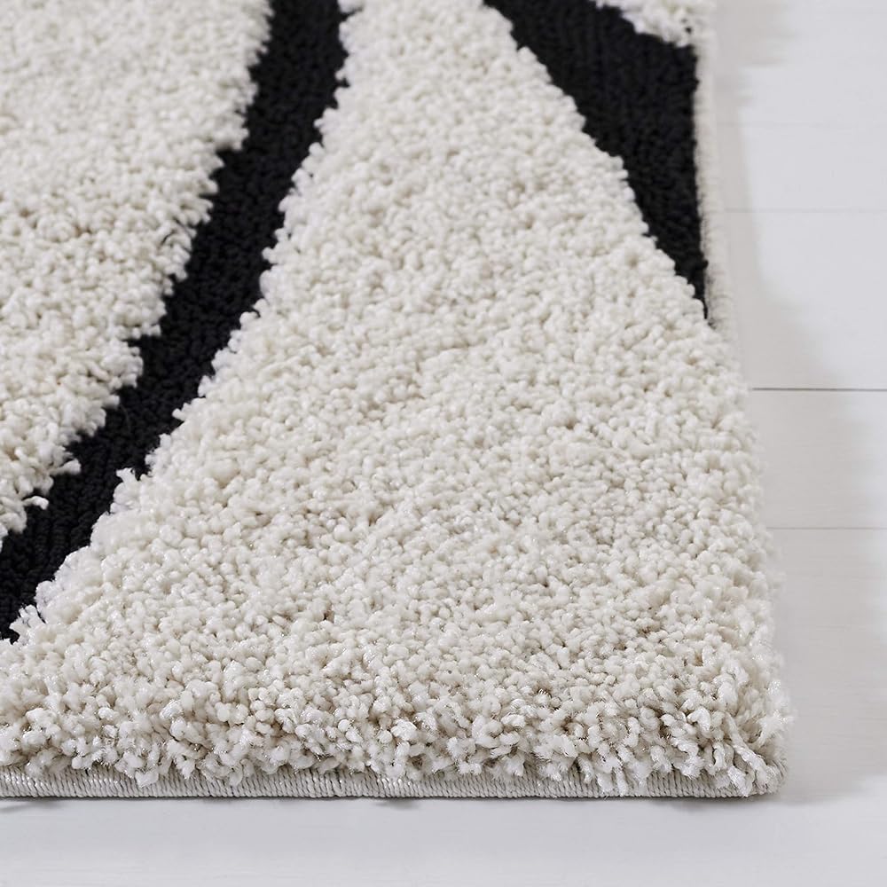 Safavieh Tapis Shag pour Salon, Salle à Manger, Chambre à Coucher - Florida Shag Collection, Tapis à Poil Long, Crème et Noir, 122 x 122 cm : Cuisine et Maison