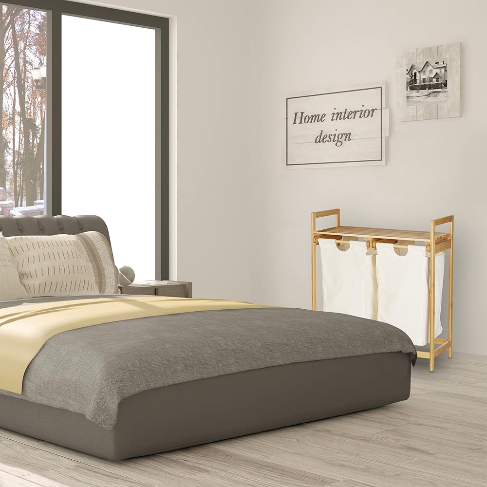 Relaxdays, nature Panier bambou 2 sacs 2 compartiments surface de rangement coffre à linge, 60 L, polyester, 1 élément : Cuisine et Maison