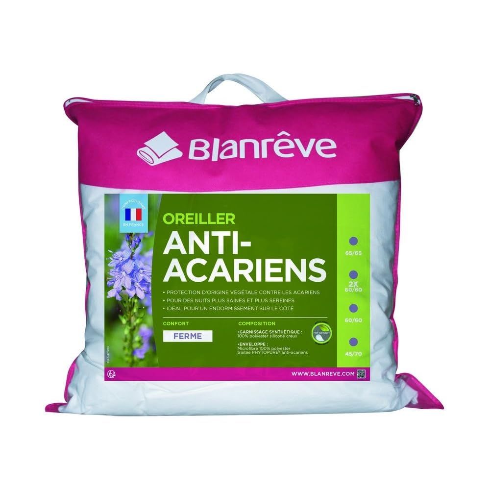Blanrêve - Oreiller Ferme anti acariens - garnissage synthétique renforcé 600G - Fabriqué en France - 45x70 cm : Cuisine et Maison