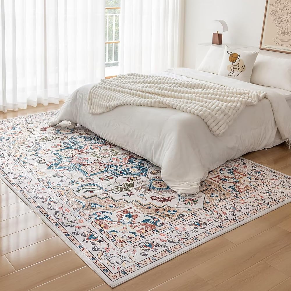 CHOSHOME Grand tapis vintage classique et antidérapant en fausse laine lavable en machine pour salon et chambre à coucher Beige 160 x 230 cm : Cuisine et Maison