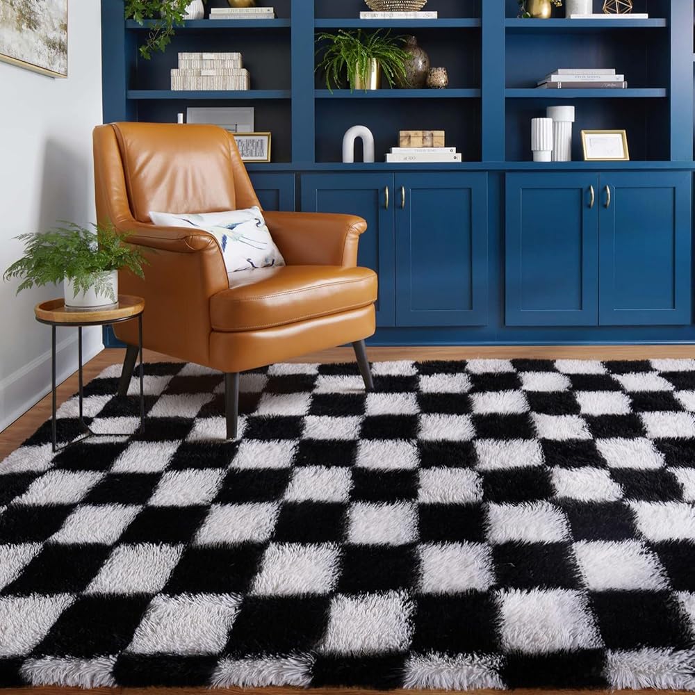 BYBSRLL Tapis à carreaux, 180 x 270 cm, noir et blanc, moelleux, pour salon, chambre à coucher, chambre à coucher ou d'enfant, doux : Cuisine et Maison
