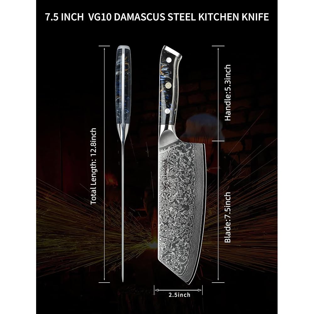 SANMUZUO Damas Couteau Nakiri avec Lame 19 cm Professionnel Couteaux de Cuisine en VG-10 67 Couche Damas Acier avec Poignée en Résine(Noir étoilé) - Xuan Série : Cuisine et Maison