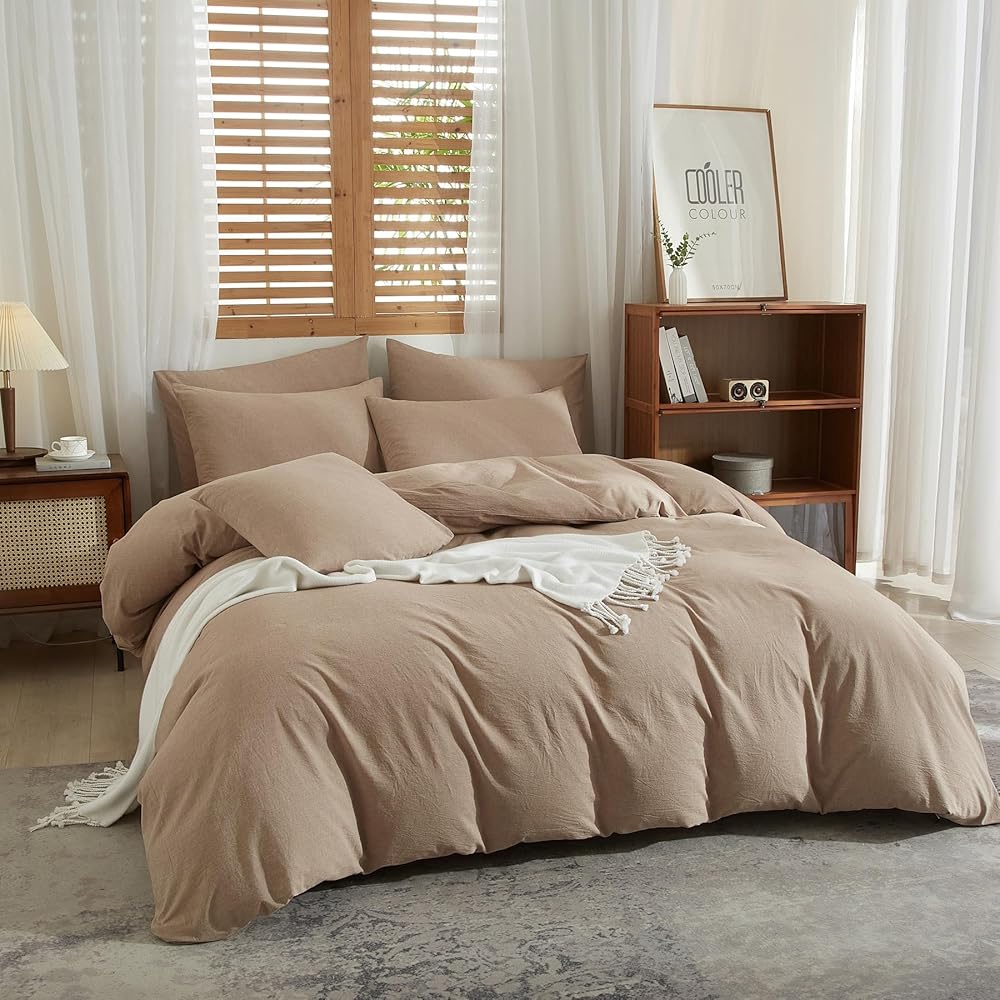 YASMENG Housse de Couette Demi-Lin 200x200 Brun Parure de Lit Mélangé Doux Respirant Douillet Coton Lin Linge de Lit 2 Personne avec Fermeture Éclair et Taies d'oreiller 65x65 cm : Cuisine et Maison