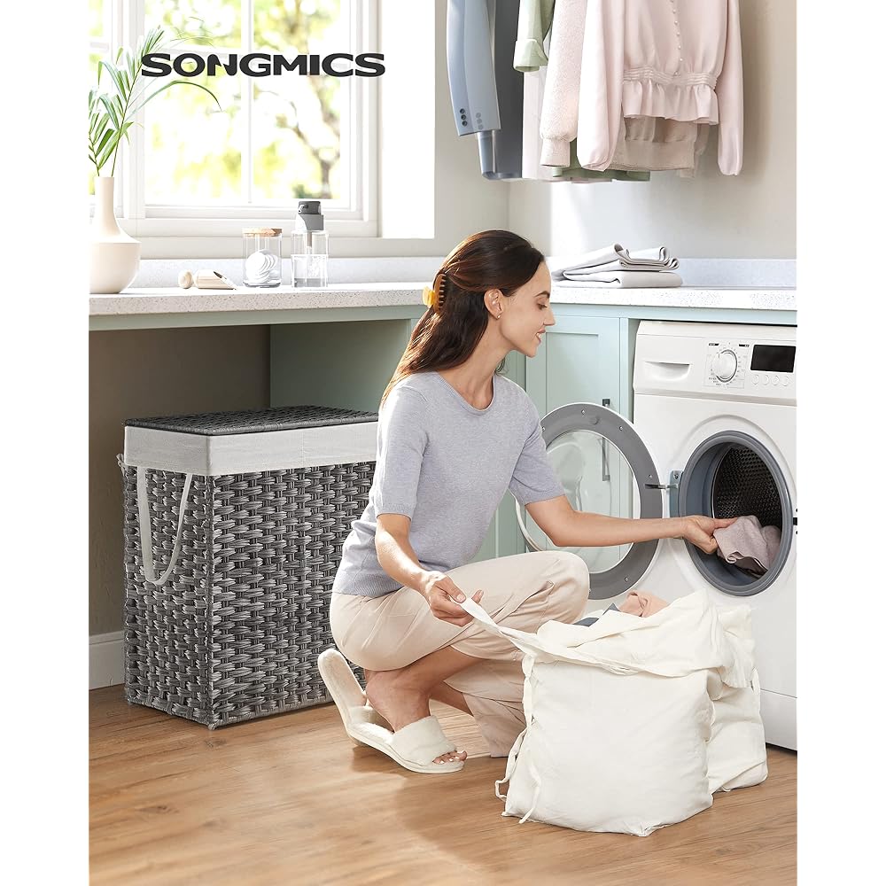 SONGMICS Panier à linge avec couvercle, panier à linge de 90 l avec 2 sacs à doublure amovible et 6 sacs en maille, panier à linge en osier, panier à linge double pour salle de bain, 33 x 45 x 60 cm, : Cuisine et Maison