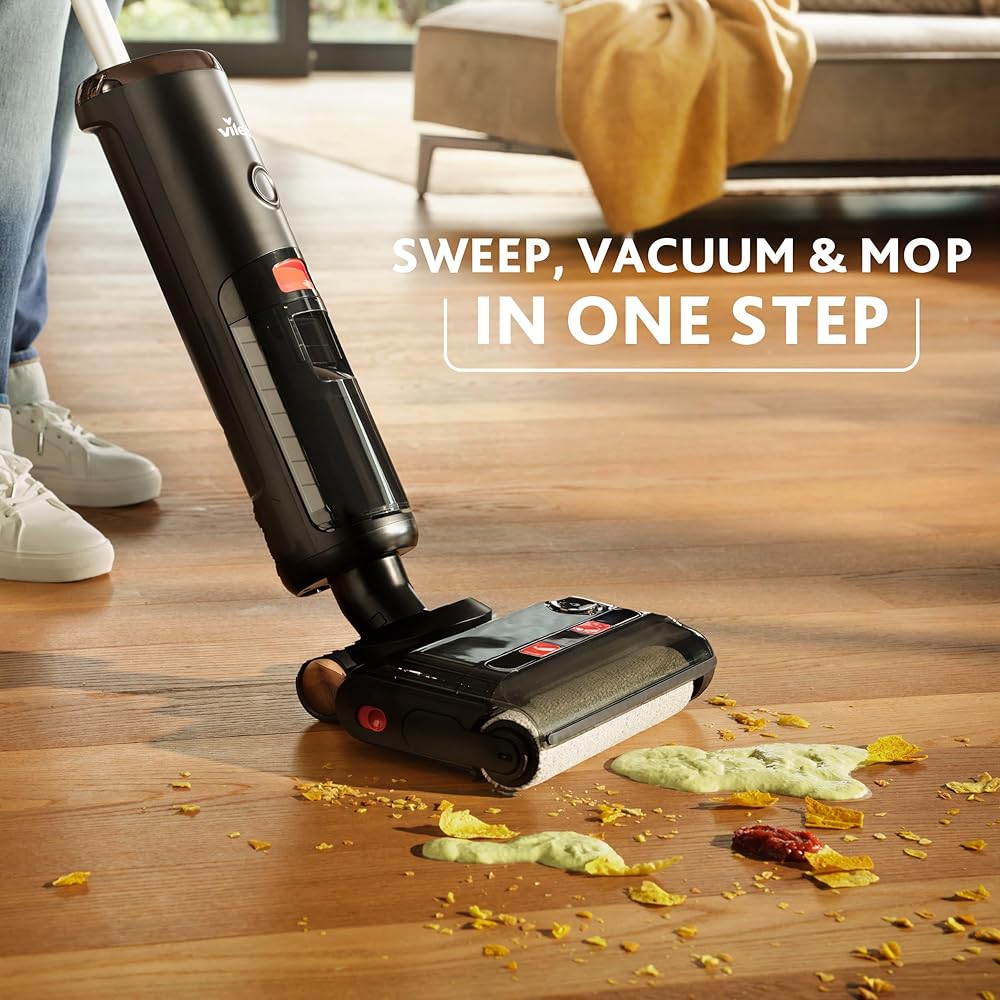 Vileda PureClean S5 Plus, Aspirateur Laveur sans Fil, Aspirateur Sec et Humide, Nettoyeur de Sol Intelligent sans Fil, Auto-Nettoyant, Accessoires supplémentaires (2 Rouleaux et 2 filtres au Total) : Cuisine et Maison