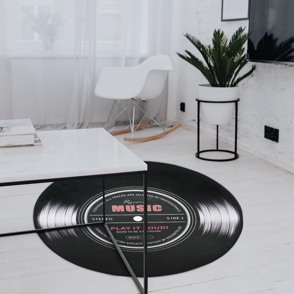 KRIPINC Tapis Disque Vinyle, Tapis Musique, Tapis Rond 120, Tapis Poil Ras, Tapis en 3D, Tapis Rond Moderne pour Salle de Musique, Salon, Chambre, Salle de Jeux (120x120cm, Style C) : Cuisine et Maison