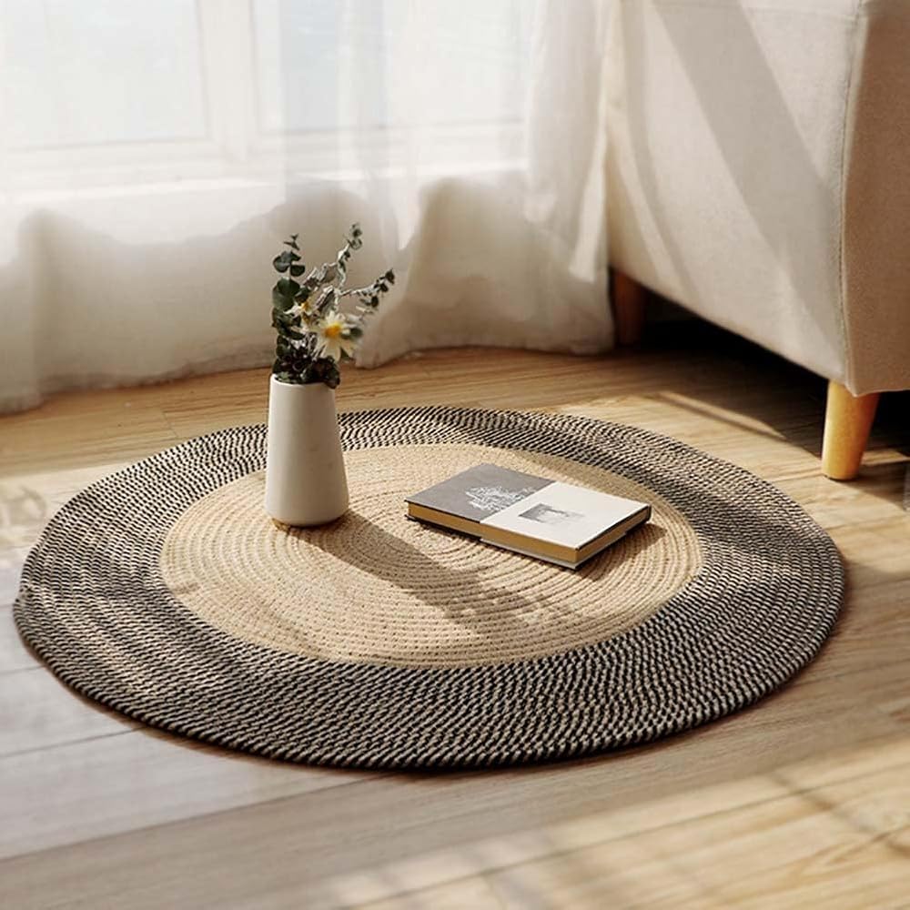 INKAROBOX Tapis rond tissé à la main en pur coton avec pompons au look rétro pour chambre à coucher, salon, table, bureau (noir/beige, 120 cm, rond) : Cuisine et Maison
