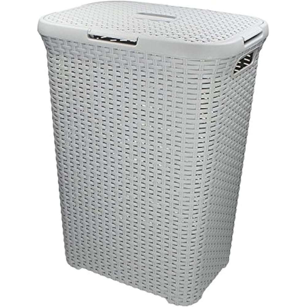 Curver Panier à linge 60 l - 45 x 34 x 62 cm - Panière à linge / corbeille à linge rectangulaire imitation rotin - Gris clair : Cuisine et Maison