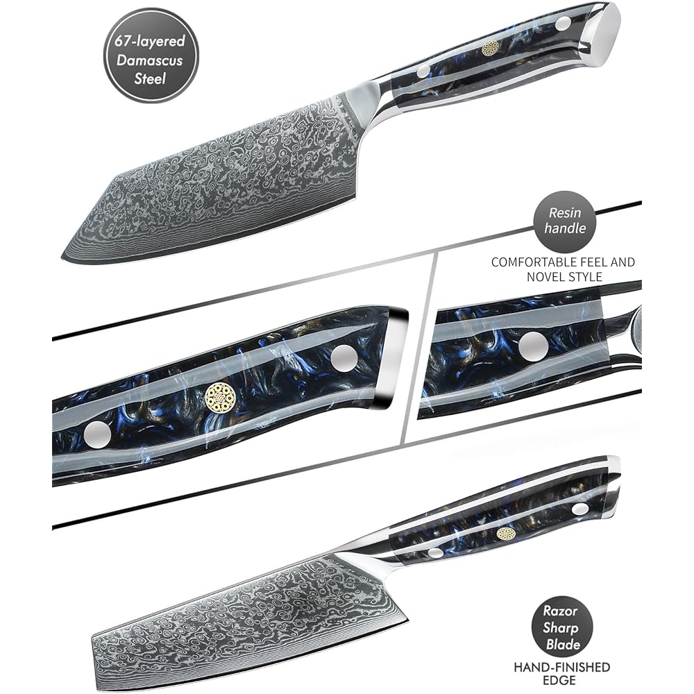 SANMUZUO Damas Couteau Nakiri avec Lame 19 cm Professionnel Couteaux de Cuisine en VG-10 67 Couche Damas Acier avec Poignée en Résine(Noir étoilé) - Xuan Série : Cuisine et Maison