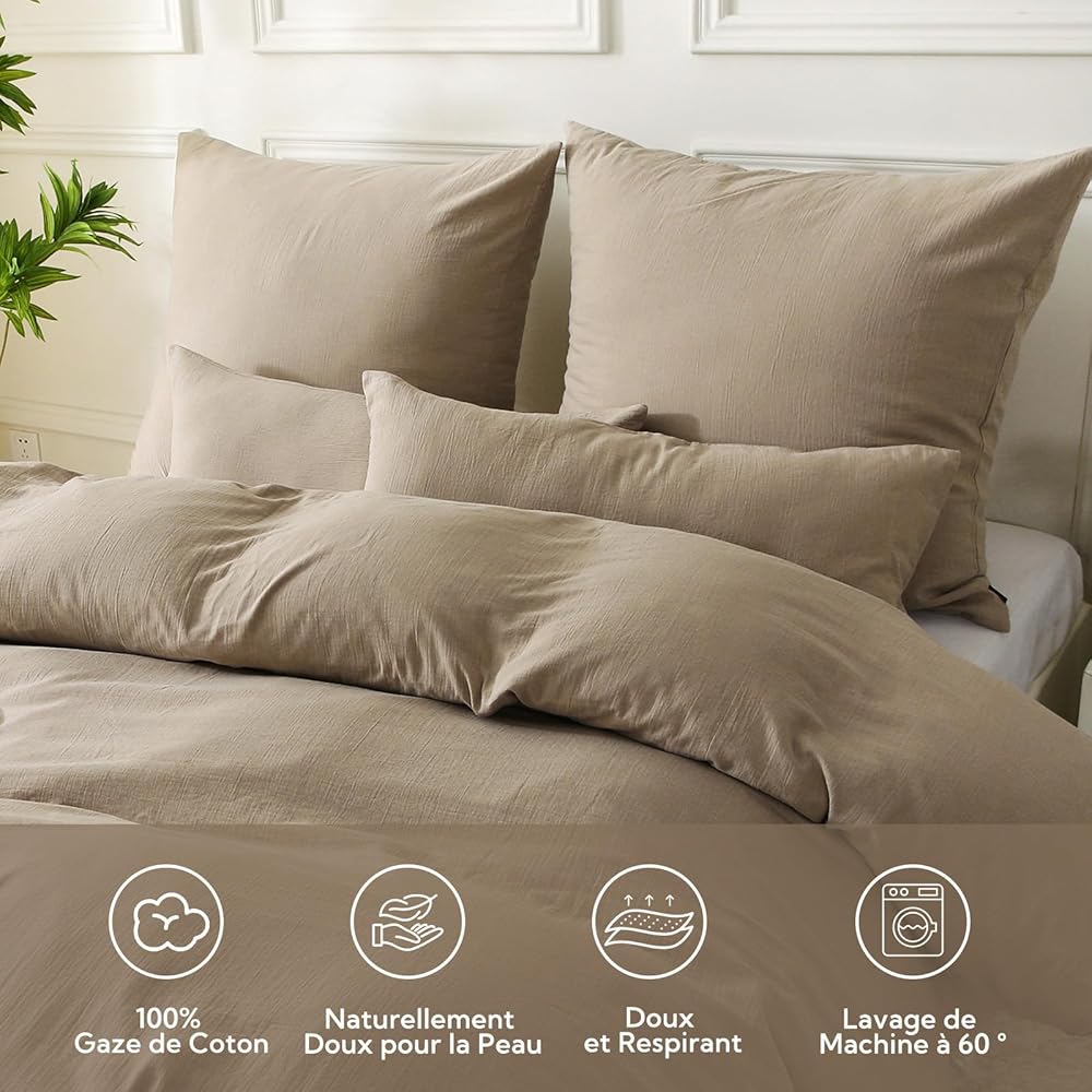 SOULFUL Housse de Couette 220x240 Gaze de Coton Beige-Café, Parure de Housse de Couette avec Fermeture Éclair, Certifié Oeko-TEX, Parure de Lit 2 Personnes 220x240 cm avec 2 Taie d'oreiller 65x65 cm : Cuisine et Maison