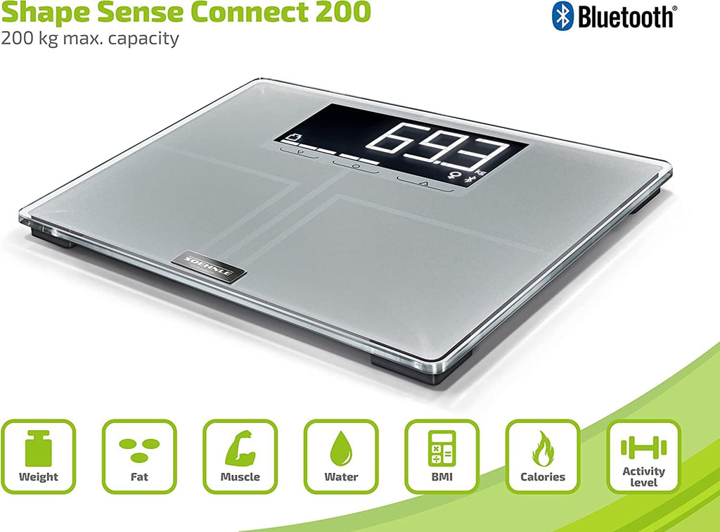Soehnle Balance connectée Shape Sense Connect 200, Balance pèse personne avec connexion Bluetooth® aux applications de suivi de santé, Pèse personne à technologie BIA premium, écran LCD rétro-éclairé : Hygiène et Santé
