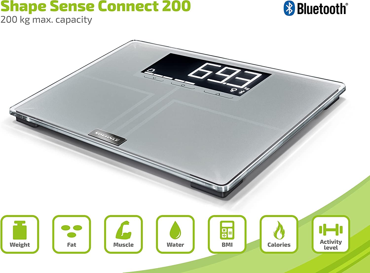 Soehnle Balance connectée Shape Sense Connect 200, Balance pèse personne avec connexion Bluetooth® aux applications de suivi de santé, Pèse personne à technologie BIA premium, écran LCD rétro-éclairé : Hygiène et Santé