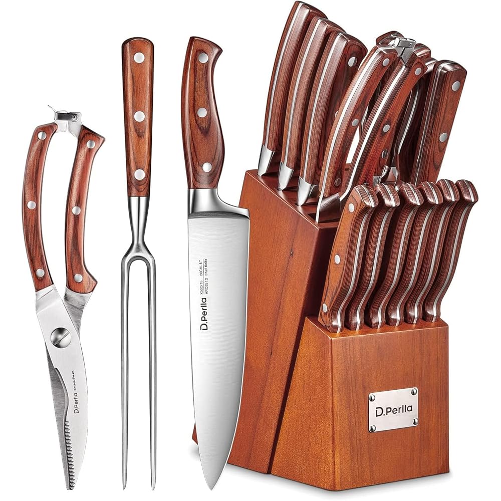 D.Perlla Couteau de Cuisines, 16 Pièces Ensemble Set Couteaux de Cuisine en Acier Inoxydable avec Bloc en Bois, Bloc de Couteaux pour la Cuisine : Cuisine et Maison