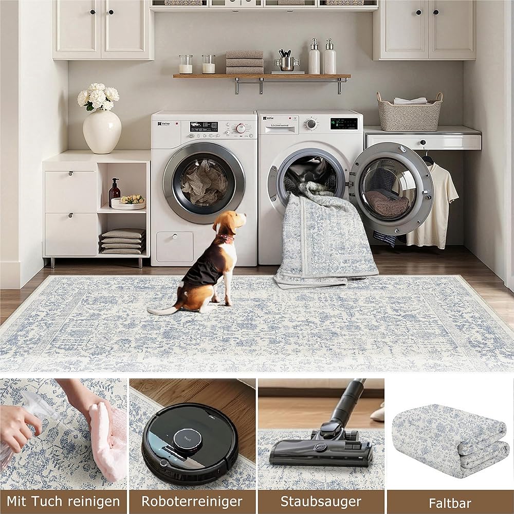 HUGEAR Tapis de salon, lavable, bleu, style vintage, 180 x 270 cm, style rétro, pour salon, salon, chambre, salle à manger, bureau : Cuisine et Maison