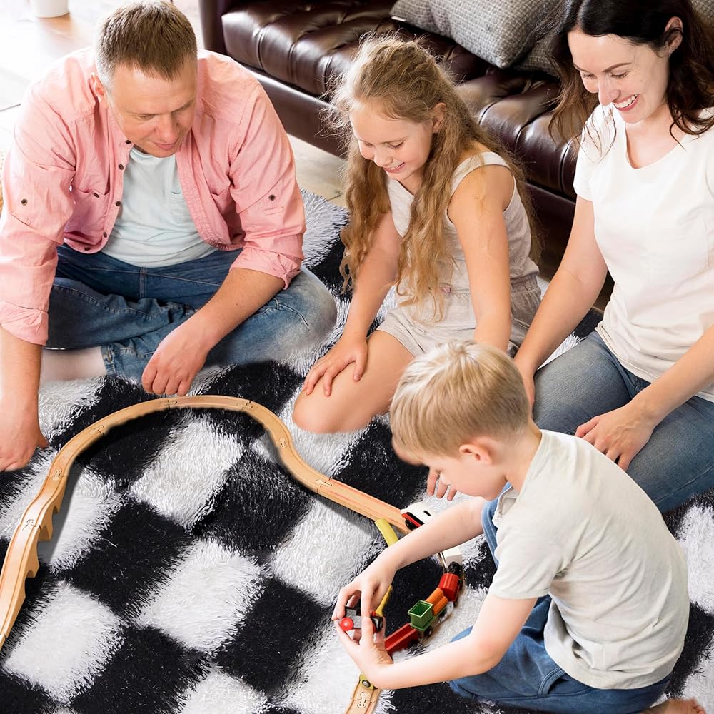 BYBSRLL Tapis à carreaux, 180 x 270 cm, noir et blanc, moelleux, pour salon, chambre à coucher, chambre à coucher ou d'enfant, doux : Cuisine et Maison