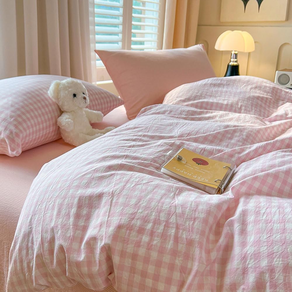 Nyescasa Housse de Couette 240x260 Rose et Blanc à Carreaux Vichy Moderne Parure de lit Adulte 2 Personnes en Microfibre Sets de Housses de Couettes avec Fermeture Éclair et 2 Taies d'oreiller 65x65cm : Cuisine et Maison