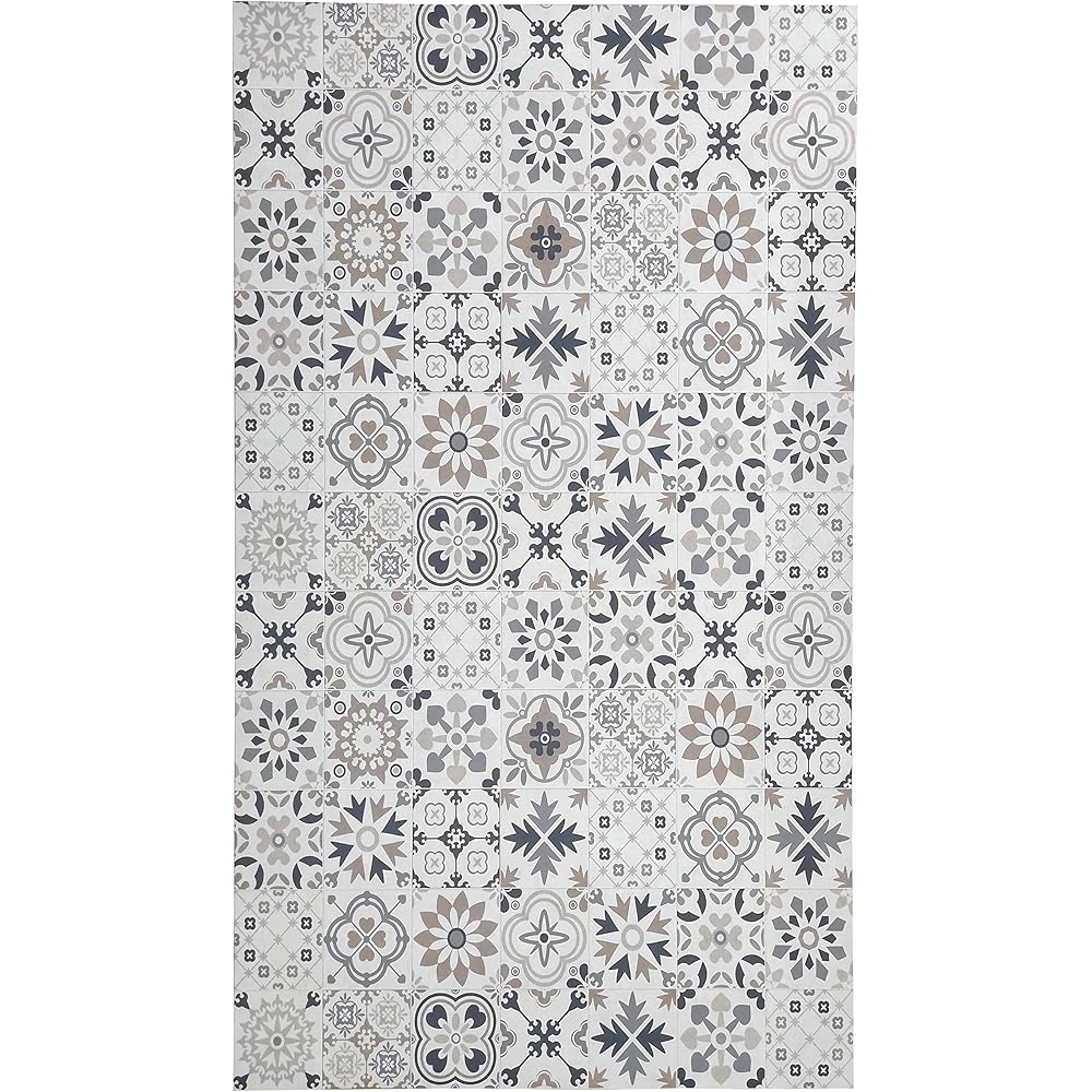 Tadi &amp; Imperio1979 Tapis Vinyle hydraulique en Carreaux réalistes, pour Salon, Couloir, Cuisine et Moquette sur Mesure, Couleur Beige avec Tons Bleu, doré et Orange. : Cuisine et Maison