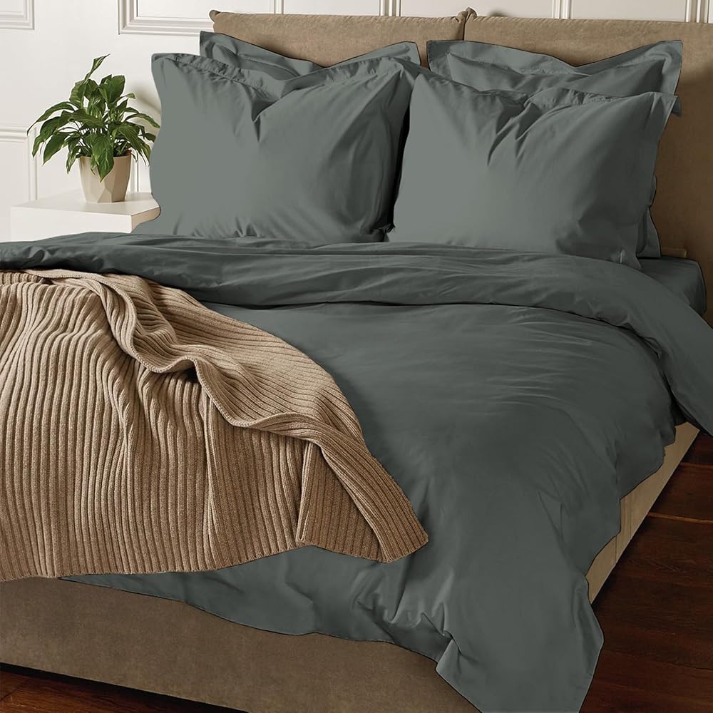 Pizuna Coton Luxueux Ensemble de Housses de Couette 240x220 cm 2 Personnes Gris Fonce, Tissu de Satin de Coton à 800 Fils au Pouce carré Housse de Couette Respirante avec Fermeture à Boutons : Cuisine et Maison