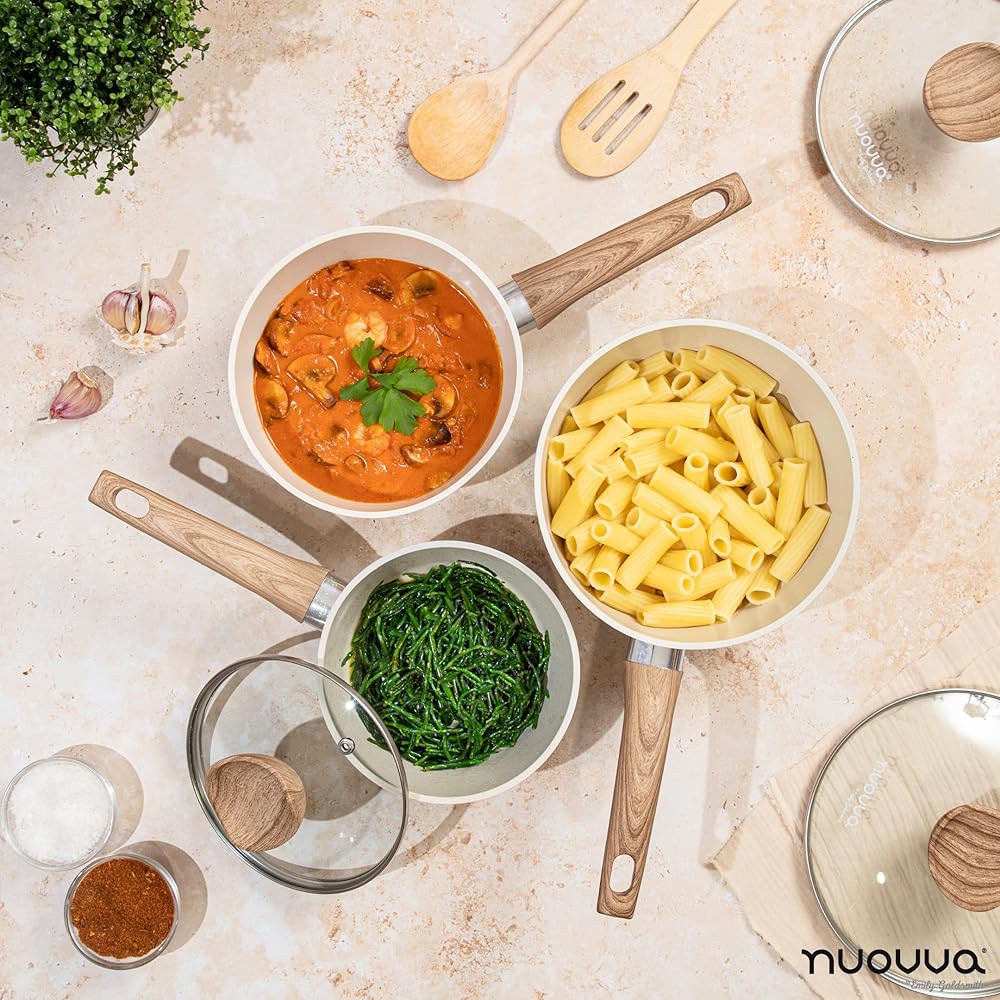 Nuovva Set de Casseroles Antiadhésives – Casserole à Induction avec Couvercle – Set de 3 Casseroles en Granit Crème – 16 cm, 18 cm, 20 cm – Par Nuovva. : Cuisine et Maison