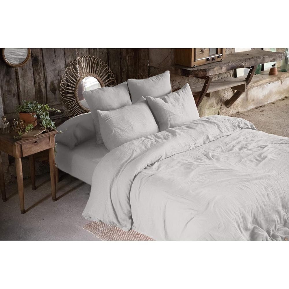 Pack Double Gaze de Coton Housse de Couette 260 x 240 cm + 2 taies d'oreiller 60 x 60 Gris Gris : Cuisine et Maison
