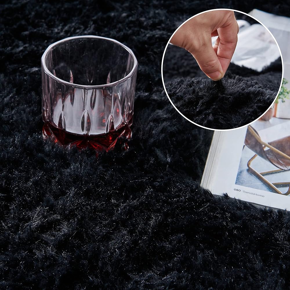 VOFUSHON Tapis Salon Shaggy Descente de lit Chambre Grande Taille Tapis avec Le Fond Antidérapant, Tapis Décoratif de Style Moderne pour Salon Chambre Canapé Natte(160 x 230 cm,Noir) : Cuisine et Maison