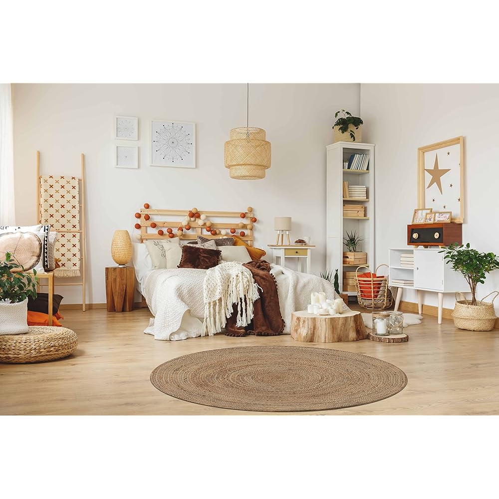 CarpetFine Tapis Jute Nele Ronde Couleur Naturelle Beige Ø 150 cm tissé à la Main en Jute | Tapis Naturel Moderne Uni en Tapis tissé Plat de Style Boho pour Le Salon et la Chambre à Coucher : Cuisine et Maison