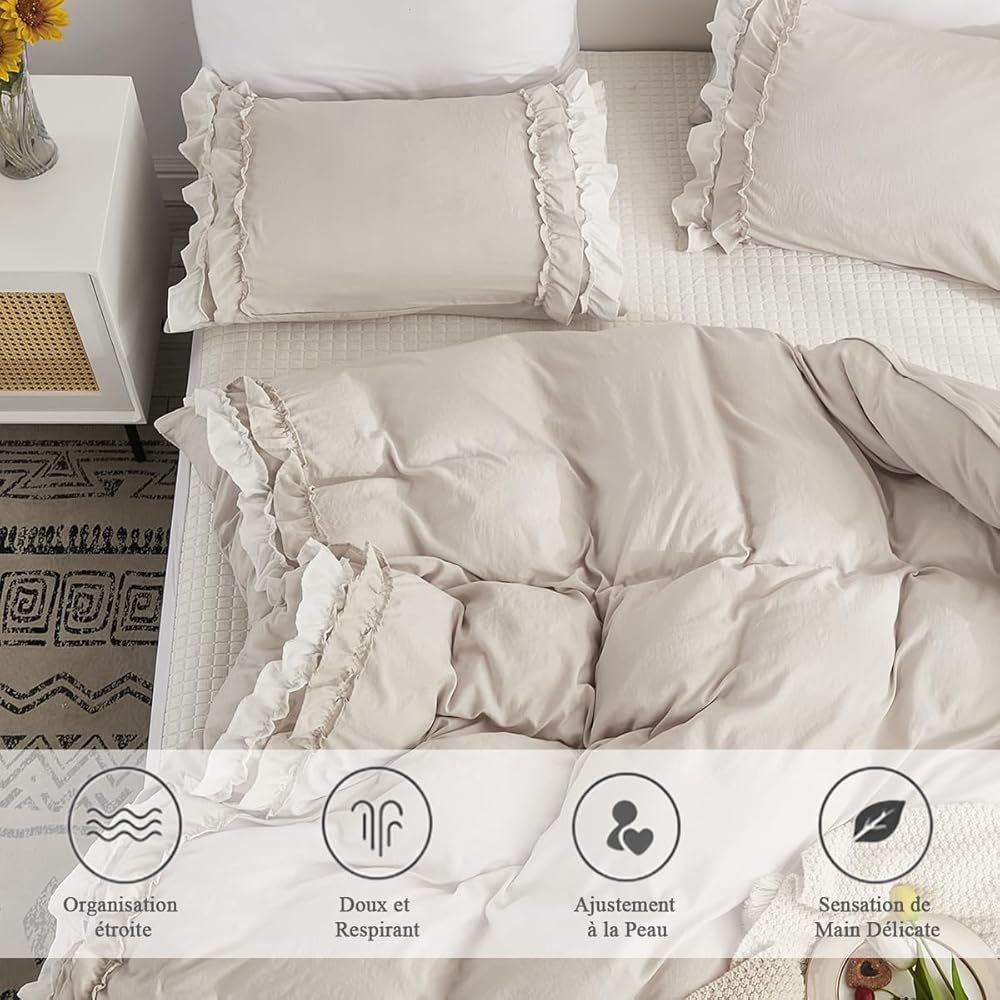 Sedefen Volants Romantique Parure de Lit 240 x 260cm Beige Housse de Couette 3 Pièces Bohémien Microfibre Parure de Lit Adulte avec Feuille de Lotus + 2 taie d'oreiller 65x65cm Avez Fermeture Éclair : Cuisine et Maison