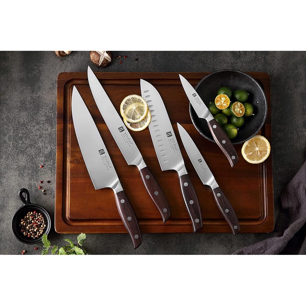 XINZUO 5 Pièces Set Couteaux de Cuisine en Acier Inoxydable 1.4116 Allemand,Professionnel Acier à Haute Teneur en Carbone Couteau de Chef Santoku Trancher Universel Fruits, Red Sandalwood Poignée : Cuisine et Maison