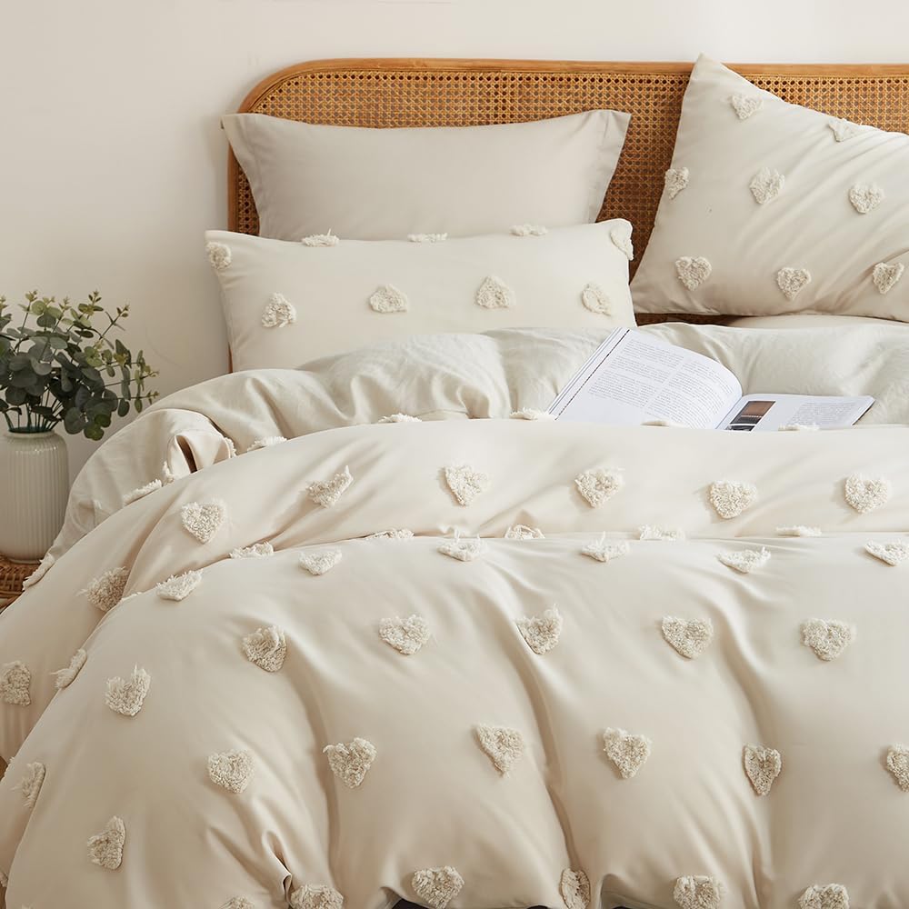 Freyamy Tuftée Parure de lit Bohème Housse de Couette 220x240 Broderie à la Main Parure de lit 2 Personne en Microfibre avec Fermeture Beige Ensemble de literie avec 2 Taie d'oreiller 65 x 65 Filles : Cuisine et Maison