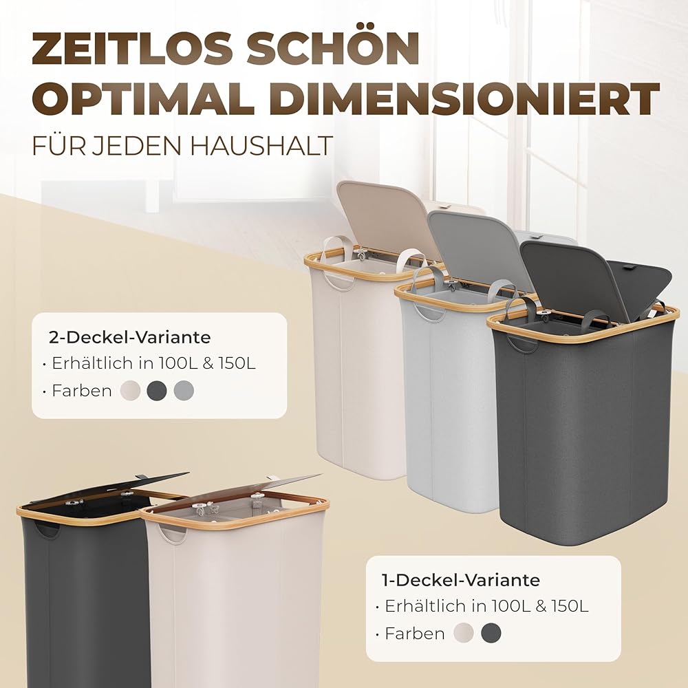 Panier à linge 2 compartiments avec couvercle,100 litres,Tissu bambou gris,Grand,Panier à linge avec couvercle,Panier à linge,Gris foncé,Anthracite,Noir,Laundry Hamper,Celeko foncé,100 l : Cuisine et Maison