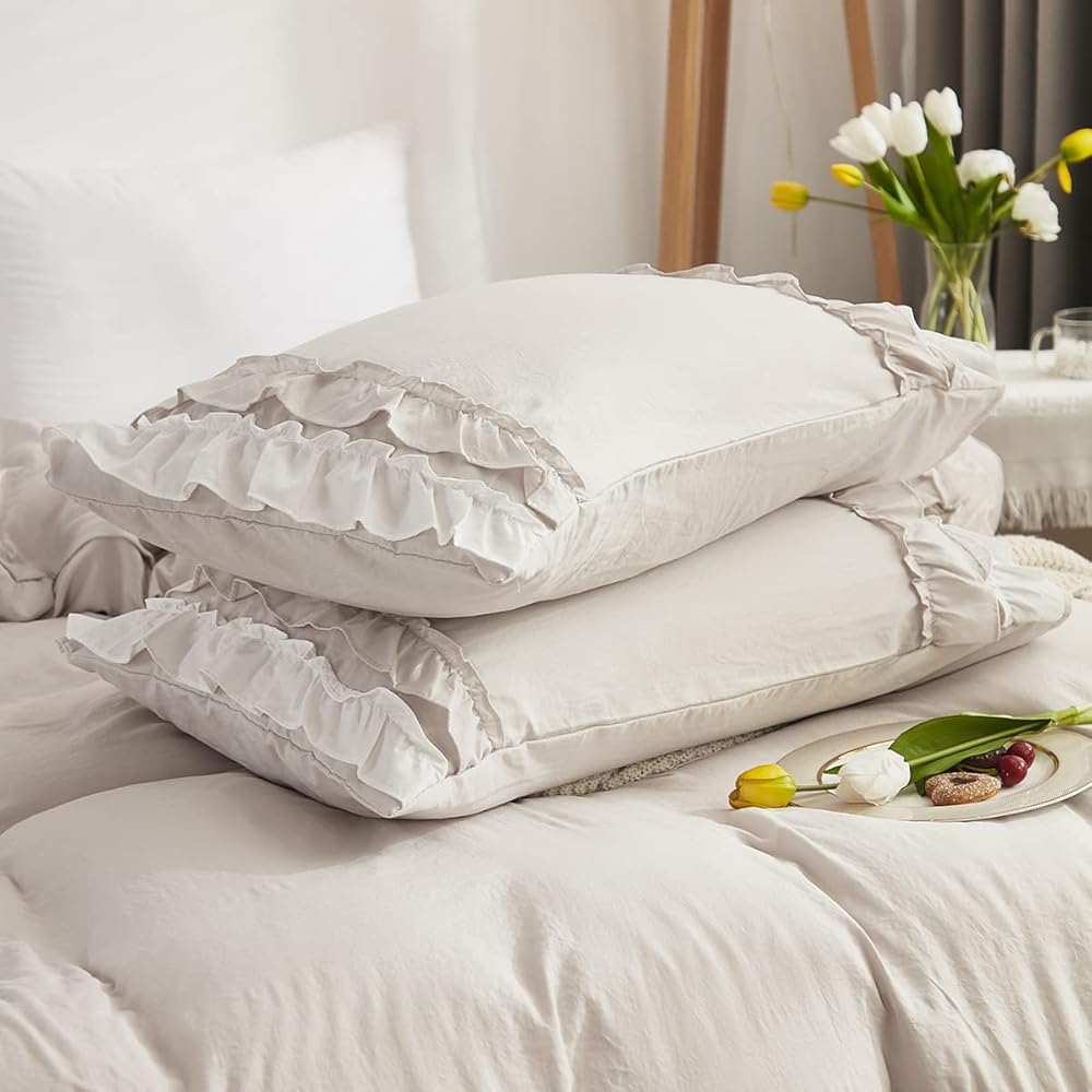 Sedefen Volants Romantique Parure de Lit 240 x 260cm Beige Housse de Couette 3 Pièces Bohémien Microfibre Parure de Lit Adulte avec Feuille de Lotus + 2 taie d'oreiller 65x65cm Avez Fermeture Éclair : Cuisine et Maison
