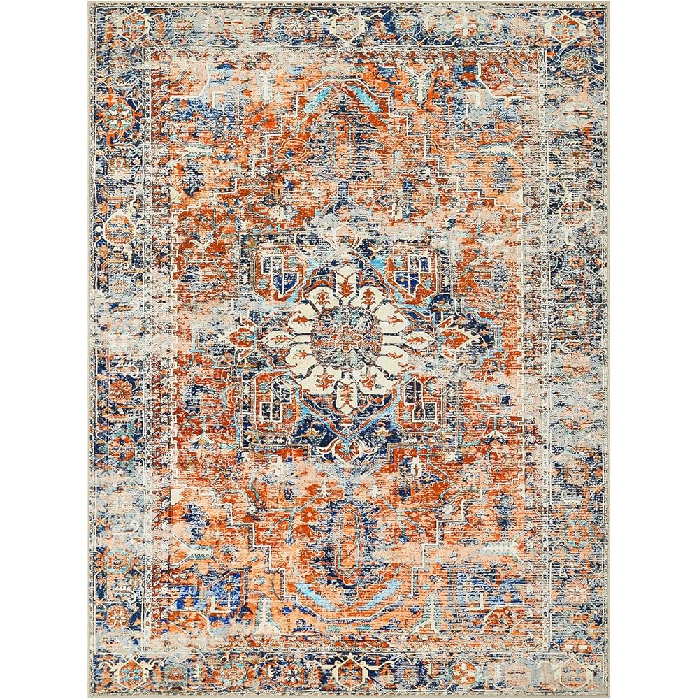 WONGS BEDDING Tapis de salon, 140 x 200 cm, style bohème à poils courts, pour salle à manger, chambre à coucher, lavable, antidérapant, en laine synthétique tapis, orange : Cuisine et Maison