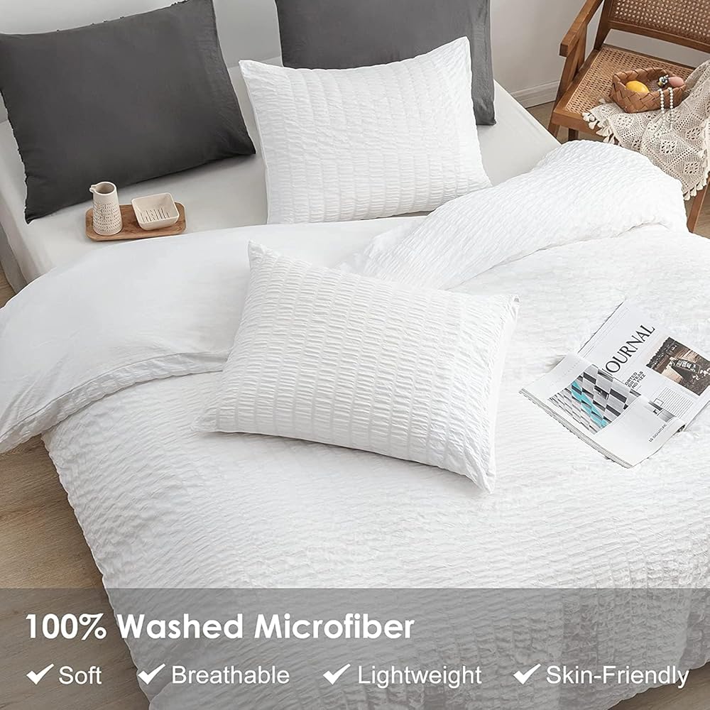 Sedefen Housse de Couette Seersucker 240x260cm Rayures Blanc + 2 x Taies d'oreiller 65x65cm avec Fermeture Eclaire Adulte Ado Doux Confortable Elegant Parure de lit 2 Personnes Rayé : Cuisine et Maison