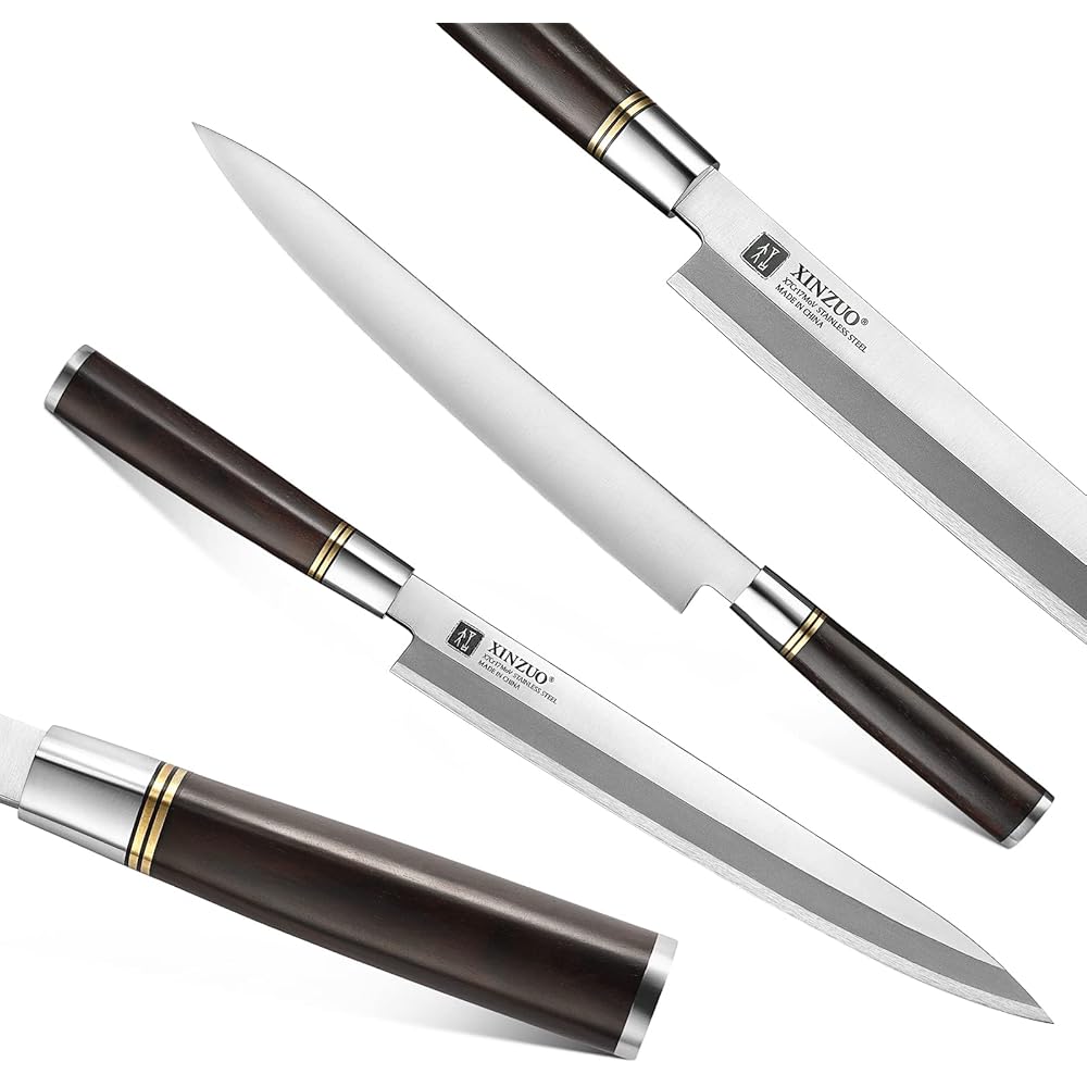 XINZUO 27cm Couteau Yanagiba X7Cr17MoV Acier Inoxydable, Professionnel Sushi Sashimi Couteau Cuisine Trancher, Lame Biseautée Unique, Ébène Manche en Bois -Fourreau en Bois de Bouleau : Cuisine et Maison