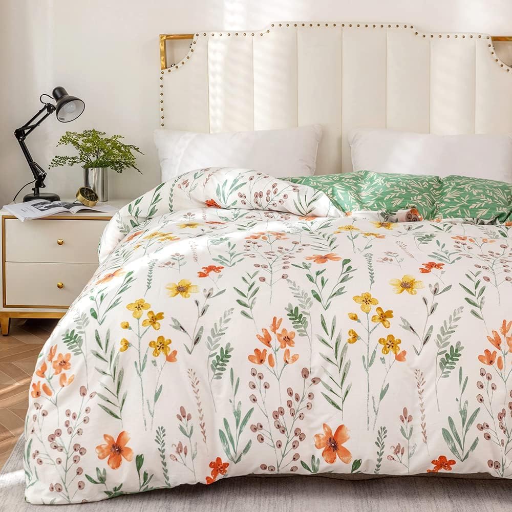 Housse de Couette 240 x 260 Coton Motif Fleurie Parure de Lit 100% Coton Imprimé Feuilles Vertes Adulte Parure Housse Couette 240x260 avec Fermeture Éclair 2 Personnes avec 2 Taies d'oreiller 65x65cm : Cuisine et Maison