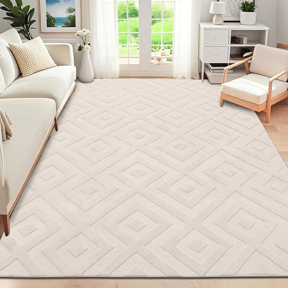 SHACOS Tapis de Salon Grand à Poil Court Beige 160x230cm Tapis Descente de Lit Chambre Adulte Moderne Antidérapant Tapis Décoratif Style Bohème à Motif Géométrique pour Salon Chambre Couloir : Cuisine et Maison
