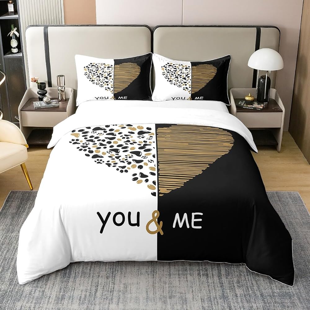 Homemissing Toi et Moi Parure de lit doré Noir Coeur Housse de Couette pour Amoureux Couple Hommes Femmes Romance Housse de Couette 220x240cm 100% Coton Saint Valentin Maison Literie Noir Blanc : Cuisine et Maison