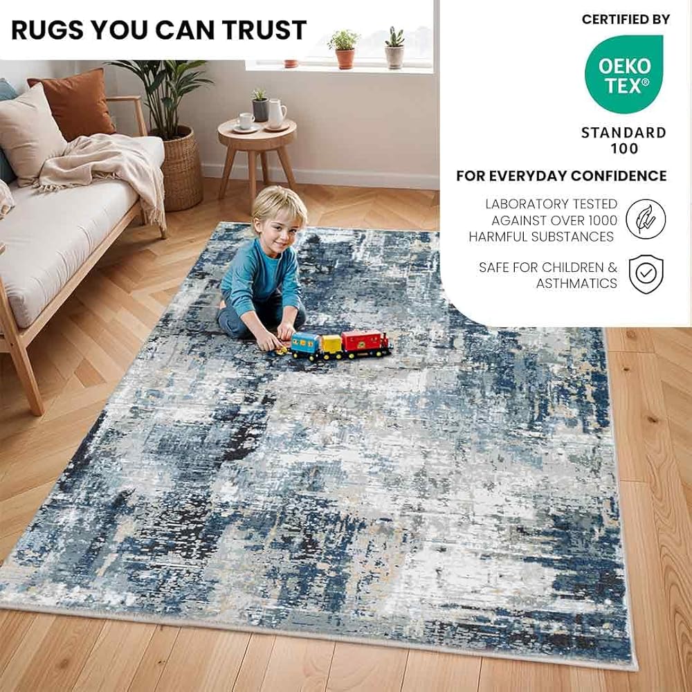 Livabliss Paris Tapis Moderne Abstrait - Tapis Salon, Salle à Manger, Chambre Adulte et Ado, Cuisine - Design Marbre Moucheté Multicolore, Poil Ras Doux 200x274 cm - Bleu, Gris, Beige : Cuisine et Maison