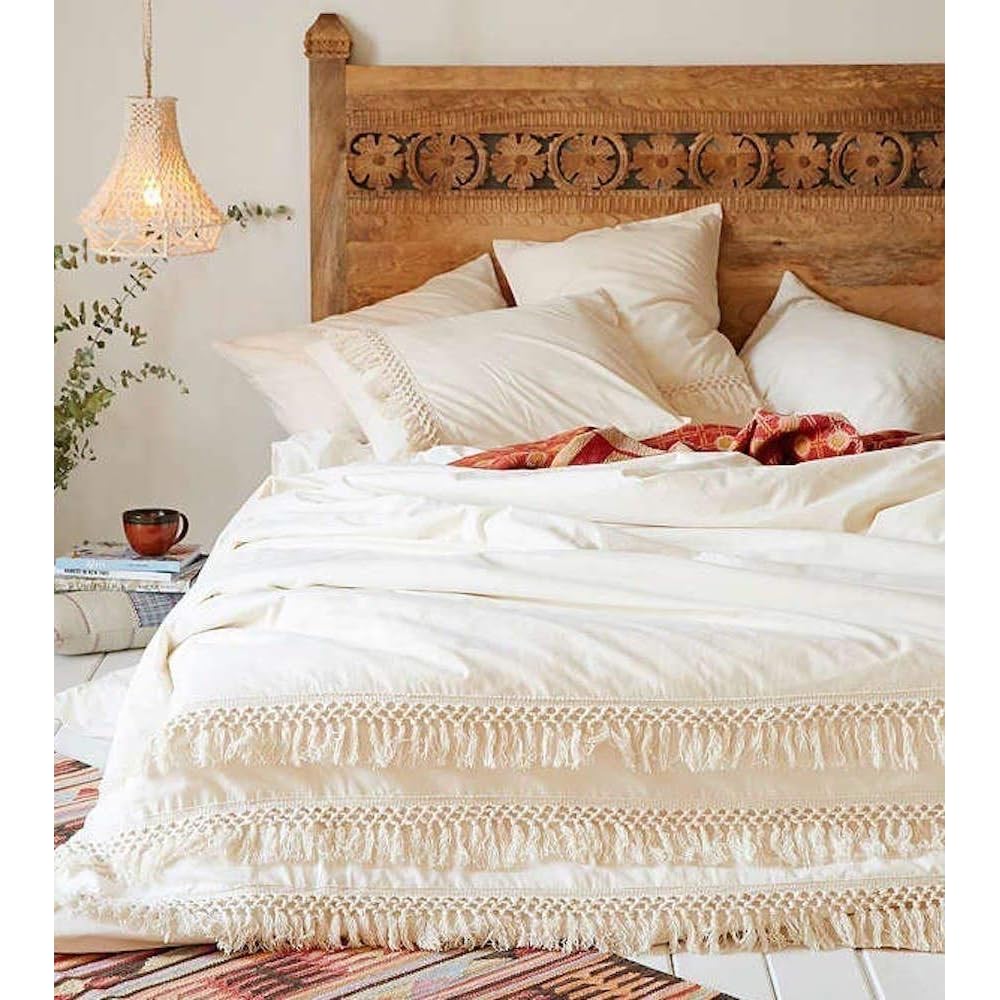 Parure de lit bohème avec housse de couette et 2 taies d'oreiller et 2 taies d'oreiller avec franges en dentelle Blanc cassé Lit double 200 x 200 cm : Cuisine et Maison