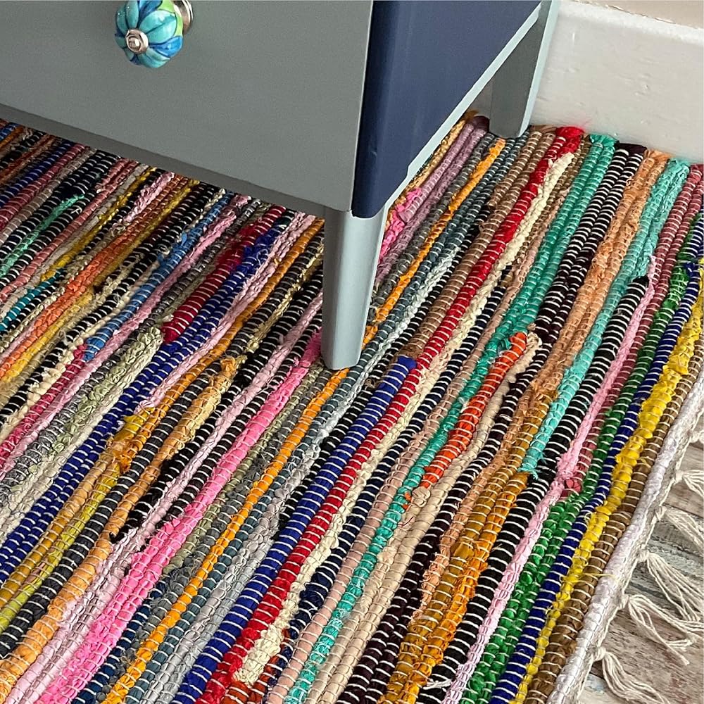 Second Nature Online - SHANTI Tapis multicolore | Tissé à la main | Respectueux de l'environnement : tissu 100 % recyclé | Source éthique | Tissage plat (240 cm x 240 cm) : Cuisine et Maison