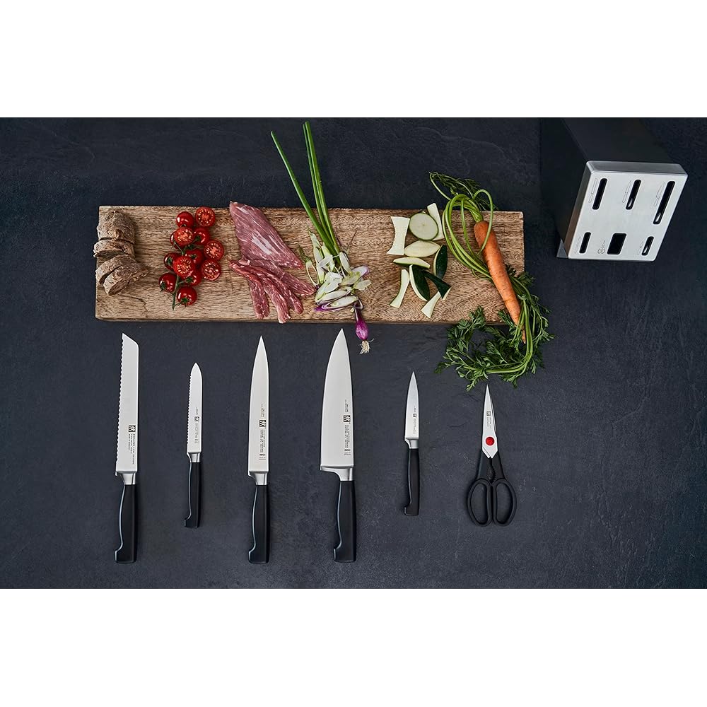 ZWILLING Bloc de Couteaux SharpBlock (7 pièces) avec Affûteur Intégré, Bloc Gris en Bois de Frêne, Couteaux/Ciseaux, Acier Inoxydable, Manche Noir, série Four Star : Cuisine et Maison