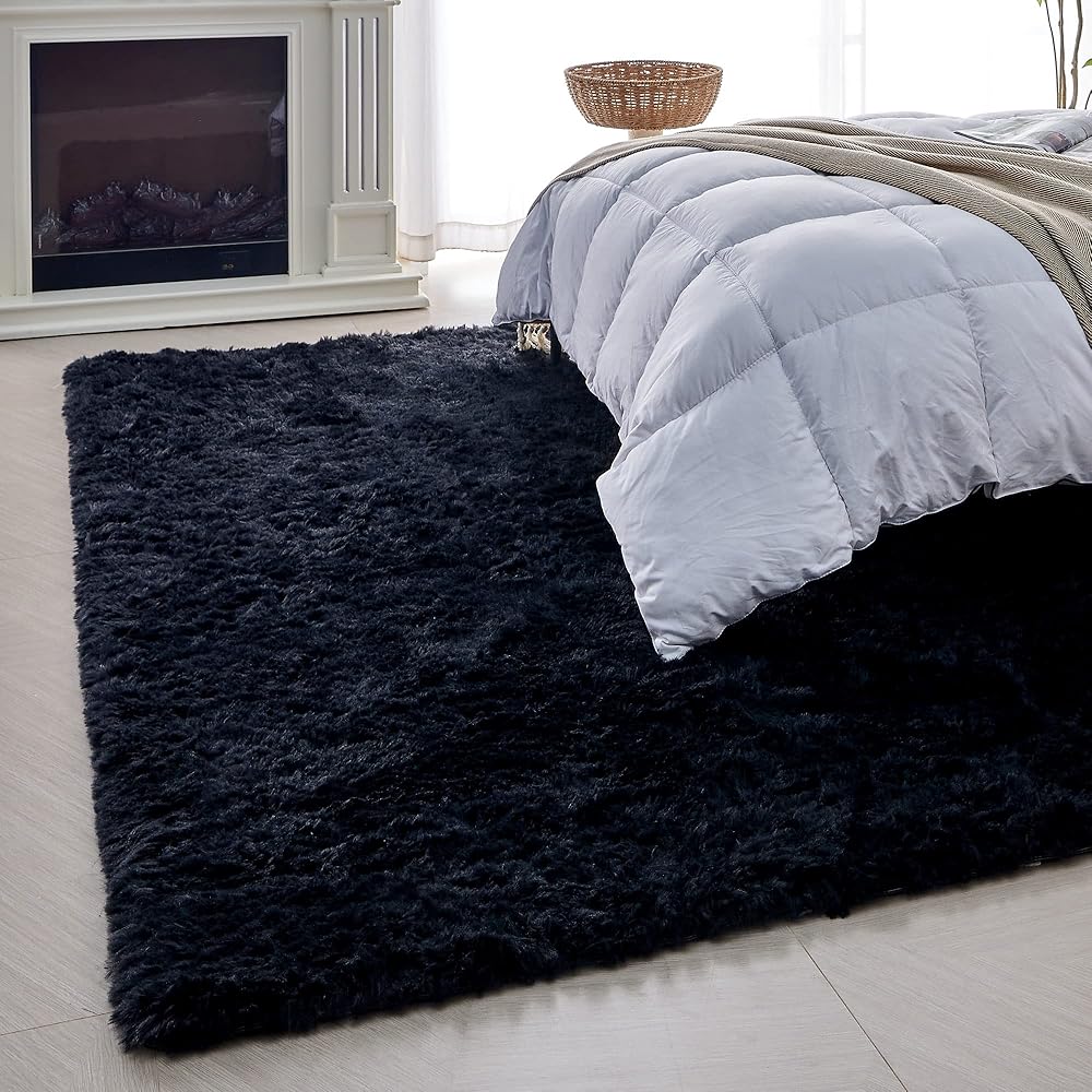 VOFUSHON Tapis Salon Shaggy Descente de lit Chambre Grande Taille Tapis avec Le Fond Antidérapant, Tapis Décoratif de Style Moderne pour Salon Chambre Canapé Natte(160 x 230 cm,Noir) : Cuisine et Maison