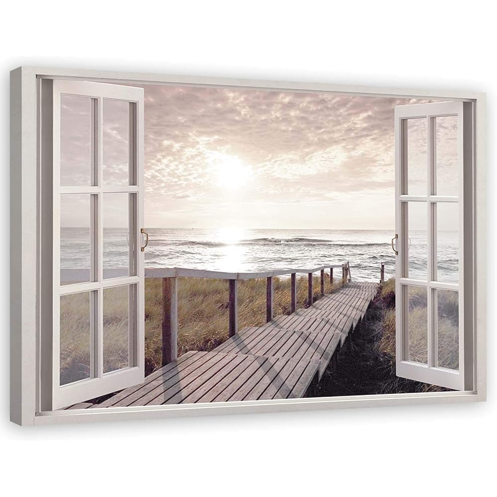 Feeby Impression sur Toile 120x80 cm Decoration Chambre - Tableau Decoration Murale Tableau Paysage - Nature Fenêtre - Decoration Maison - Tableau Moderne - Toile Peinture - Art - Poster Mural : Cuisine et Maison
