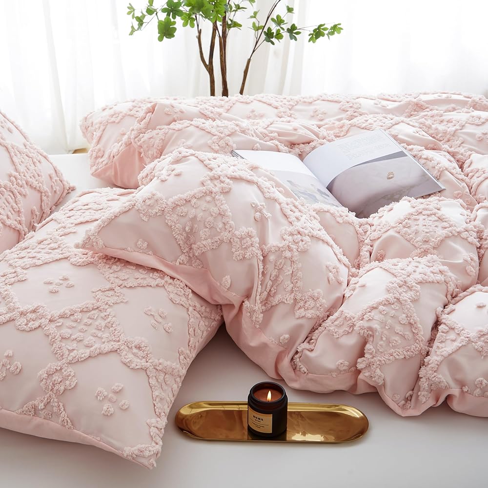 Tospass Housse de Couette Bohème Style 240x260cm Rose Tuftée Broderie Parure de lit Adulte Boho 2 Personnes avec Fermeture Éclair Parure Housse Couette en Microfibre avec 2 Taie d'oreiller 65x65cm : Cuisine et Maison