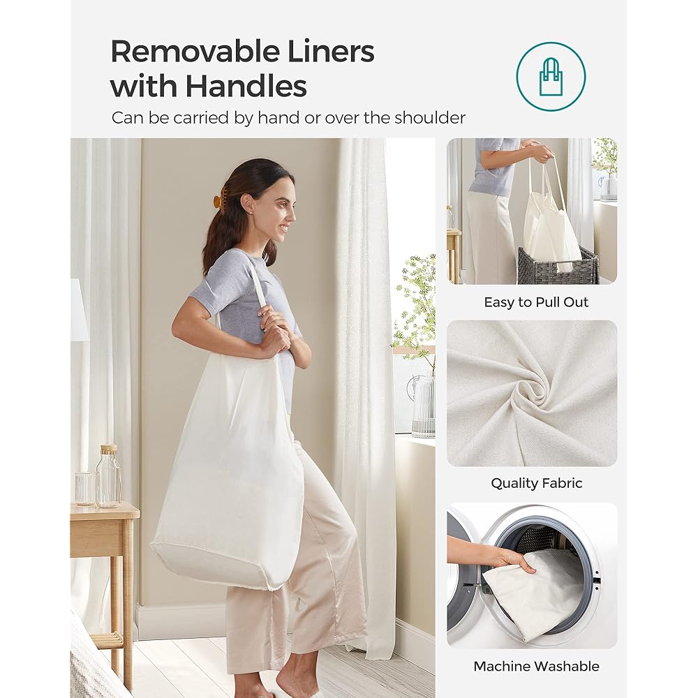 SONGMICS Panier à linge avec couvercle, panier à linge de 90 l avec 2 sacs à doublure amovible et 6 sacs en maille, panier à linge en osier, panier à linge double pour salle de bain, 33 x 45 x 60 cm, : Cuisine et Maison
